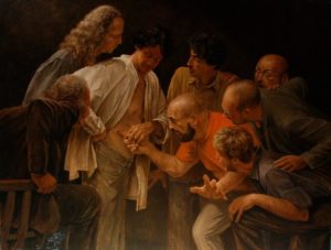 Painting of a man sticking his finger into another man's side