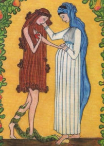 Eve putting her hand on the Virgin Mary's belly