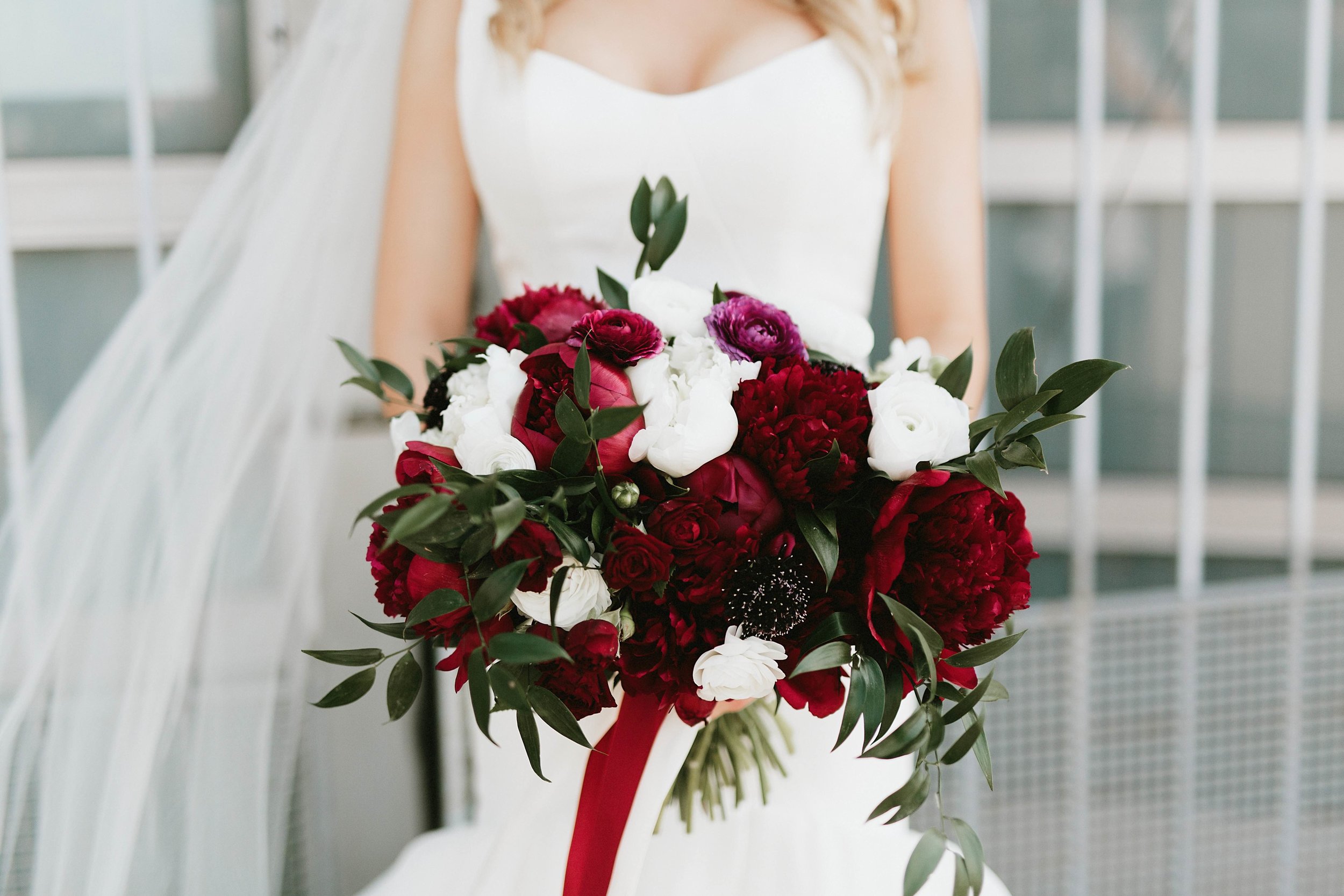 A Bride holding a bouquet at her wedding