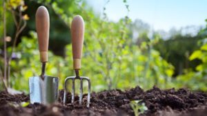 A small trowel and hand fork sitting upright in a garden's dirt