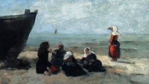 A painting of people next to a boat by the ocean