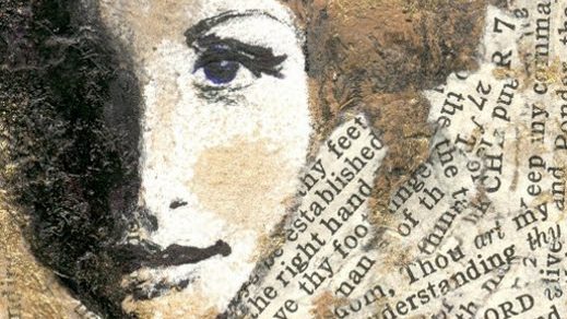 A woman's face in a multimedia collage art piece with words from the Bible surrounding her face