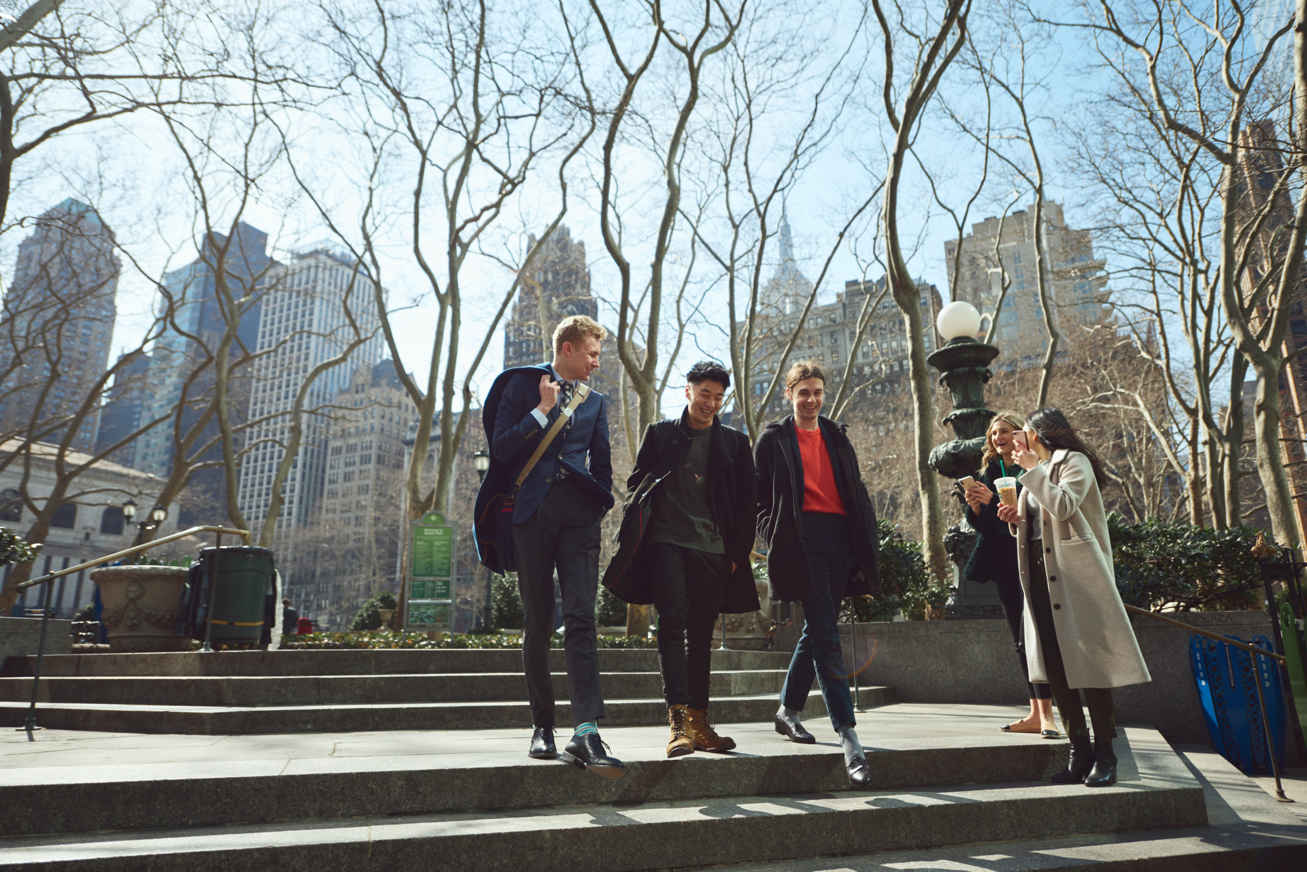 students walking through city