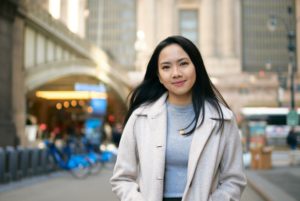 international student smiling near Grand Central station in NYC